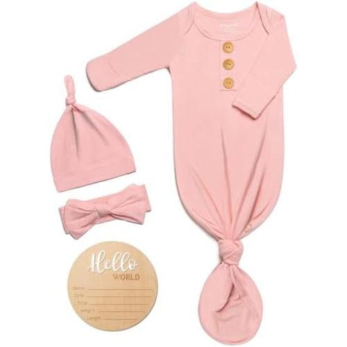 Soft Baby Knot Gown 0-3 Months, Newborn Announcement Sleepers With Mitten Cuffs and Personalized Wooden Name Tag