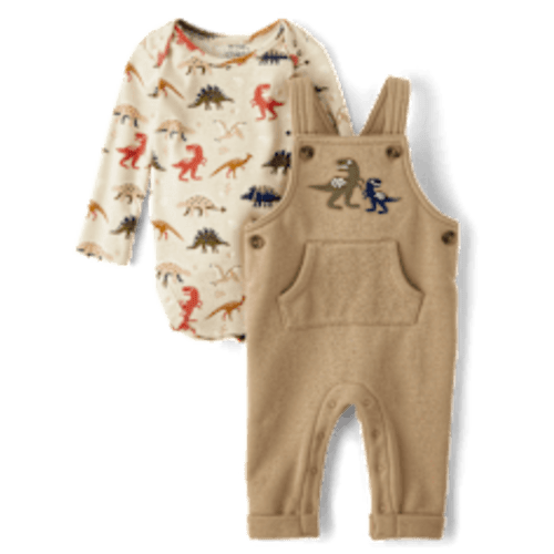 Baby Boys Long Sleeve Embroidered Dino Overalls 2-Piece Playwear Set - BROWN | The Children's Place
