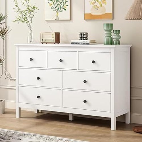 LYNSOM White Dresser for Bedroom with 7 Drawers, 47’’ Wide Wood Dresser, Chest of Drawer with Metal Handles, Modern Storage Dressers for Closet, Living Room, Hallyway, Entryway