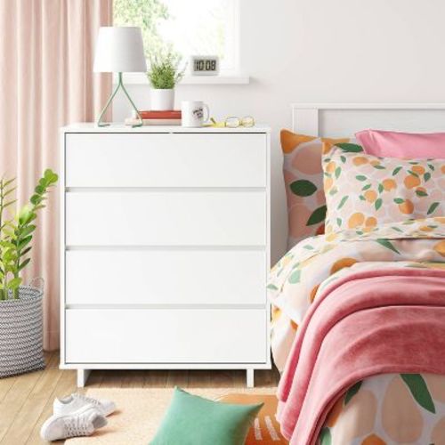 Modern 4 Drawer Dorm Dresser White - Room Essentials™: Laminated, Streamlined, with Anti-Tip Hardware