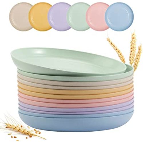 SGAOFIEE 12 PACK 9 Inch Lightweight Wheat Straw Plates, Unbreakable Deep Dinner Plates, Plastic Plates Reusable, Assorted Colors Dinnerware Sets, Microwave & Dishwasher Safe