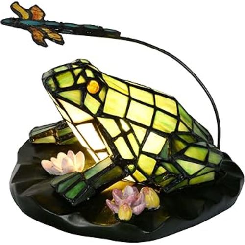 Bieye L12014 Frog Table Lamp Tiffany Style Stained Glass Accent Night Light for Home Décor Nursery Bedside (Staring at Dragonfly)