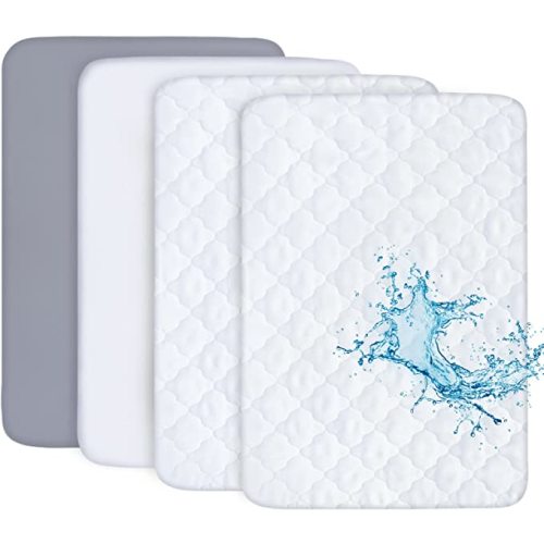 Pack and Play Sheets and Waterproof Pack n Play Mattress Protector Pad Cover 4 Pack Set, Ultra Soft Pack n Play Mattresses Sheets Compatible with Graco Pack n Play, Grey&Navy