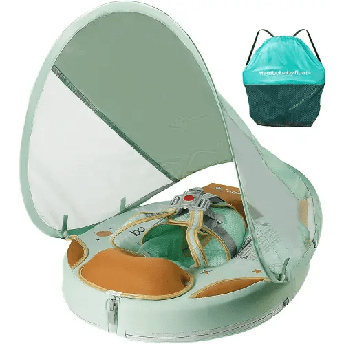 Mambobaby Float with Canopy & Portable Backpack Skin-friendly Baby Swim Float with Tail Waterproof Non-Inflatable Mambo Float Smart Swim Trainer Soft Solid Infant Pool Float 3-24 months Baby Swim Ring