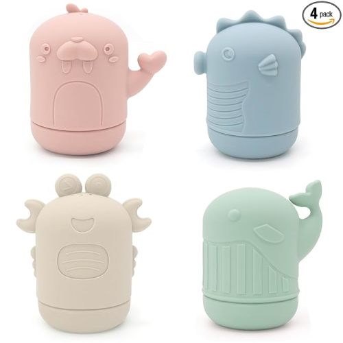 Ginbear Silicone Baby Bath Toys, Non-Toxic Mold Free Infant Squirty Bathtub Toys for Toddlers 6 Months+, Pack of 4 (Marine)