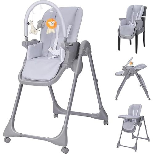 Ezebaby Baby High Chair, Foldable High Chairs with Adjustable Heigh and Recline, 2-in-1 Convertible to Dining Booster Seat, Portable High Chair for Toddlers with 4 Wheels and Toy Rack - Grey