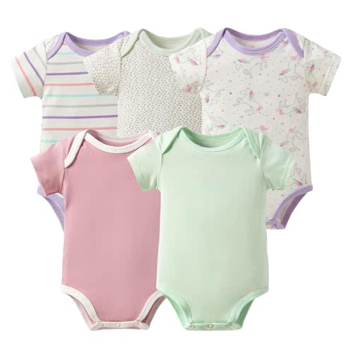 Baby Girls Short Sleeve Bodysuit,100% Cotton 5 Pack of Infant Clothes,0-24 Months Soft Toddler Summer Rompers