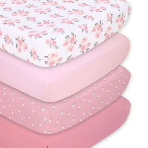 The Peanutshell Fitted Crib Sheet Set For Baby Girls, Pink Roses And Floral, 4 Pack Set
