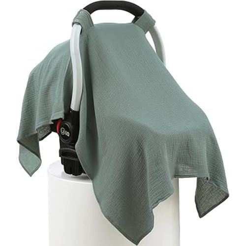 100% Muslin Cotton Car Seat Cover Baby, Carseat Canopy Cover, Universal Fit Stroller Covers for Boys and Girls (Roman Green)