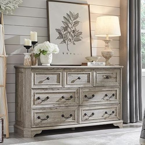 T4TREAM Farmhouse 7 Drawers Dresser for Bedroom, 54" Wide Wood Rustic Chest of Drawers with Natural Texture, Vintage Design, Storage Dressers Organizer for Bedroom, Living Room Light Rustic Oak