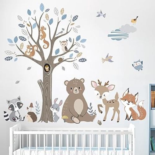 decalmile Boho Forest Animal Tree Wall Decals Bear Deer Fox Woodland Wall Stickers Baby Nursery Kids Bedroom Daycare Wall Decor