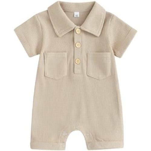 Newborn Baby Boy Clothes Waffle Knit Short Sleeve Romper Jumpsuit Collared Bodysuit One-Piece Summer Outfit