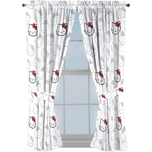 Jay Franco Window Curtains for Bedroom 4-Piece Drape Set with 2 Tiebacks, White - Hello Kitty, 42" W x 63" L (Pack of 2)