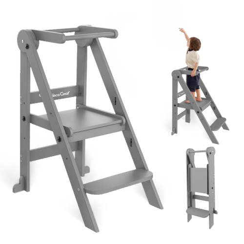 G TALECO GEAR Foldable Toddler Tower, Kitchen Kids Step Stool Helper, Standing Tower with 3 Adjustable Heights, Gray
