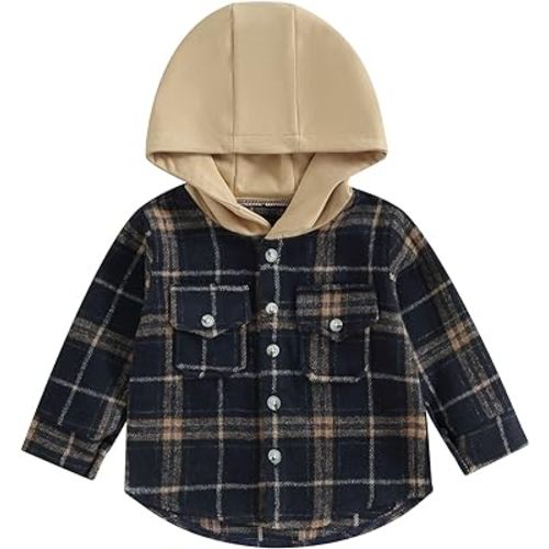 Amiblvowa Toddler Baby Boy Girl Flannel Plaid Shirt Jacket Long Sleeve Button Down Shacket Coat Hoodies Fall Winter Clothes