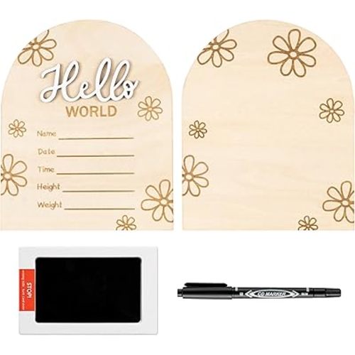 R HORSE Baby Birth Announcement Sign with Marker Pen, 3D Wooden Hello World Birth Sign with Ink Pad for Hand and Footprints, Double-Sided Daisy Newborn Name Announcement for Baby Shower Keepsakes