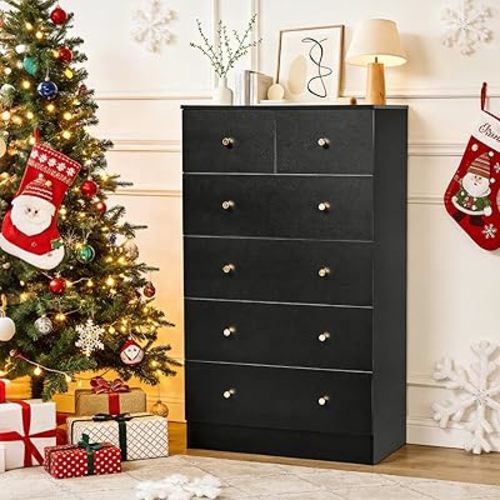 Karl home Black 6 Drawer Dresser for Bedroom, Modern Wood Dresser Chest of Drawers, Pink Bedroom Dressers for Girls, Anti-Tipping Device, Rose Gold Metal Handle, Living Room, Entryway, Hallway, Office