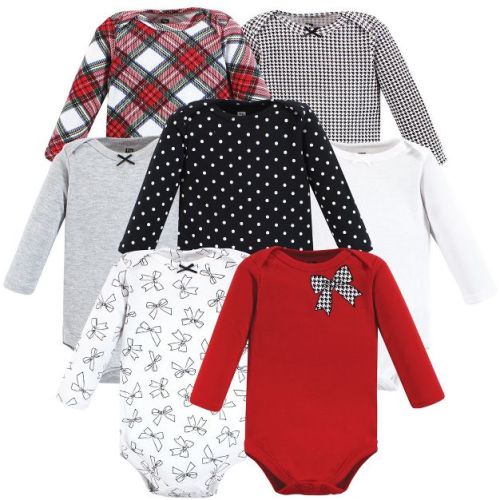 Hudson Baby Infant Girl Cotton Long-Sleeve Bodysuits, Winter Bows 7-Pack, 3-6 Months