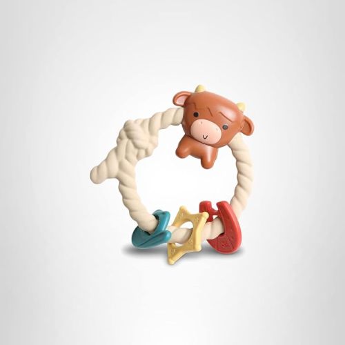 Itzy Ritzy Silicone Teether with Rattle – Rattle Teether Features Rattle Sound, Three Silicone Teething Rings and Raised Texture to Soothe Gums – Ages 3 Months and Up (Highland Cow)