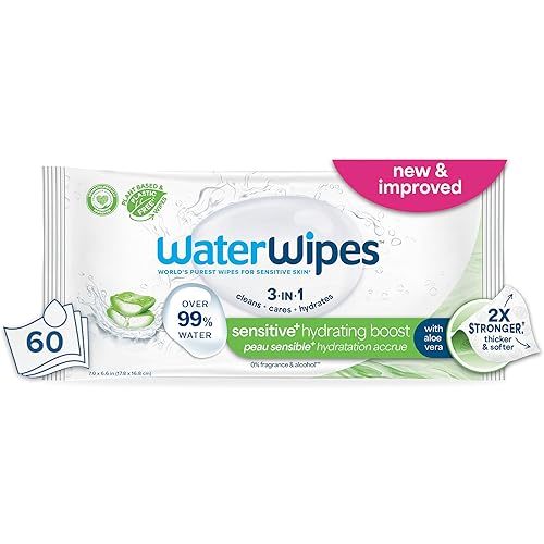 WaterWipes Sensitive+ Hydrating Boost Wipes, 3-In-1 Cleans, Cares, Hydrates, 99% Water with Aloe Vera, Unscented & Hypoallergenic Baby Wipes, 60 Count (1 Pack)