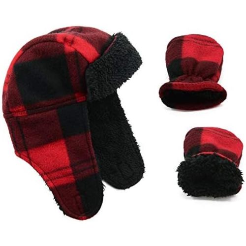 Century Star Baby Fleece Hat Warm Earflap Kids Caps Toddler Boys Winter Hat and Mitten Set