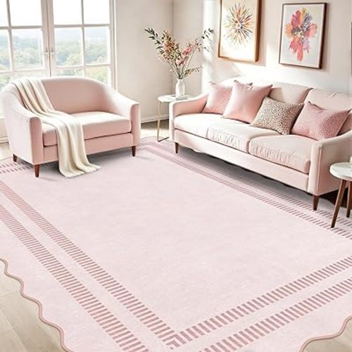 Pink Rugs for Bedroom Girls, 6x9 Washable Non Slip Area Rugs for Living Room, Soft Vintage Ultra-Thin Scalloped Carpet for Nursery Dorm Home Decor