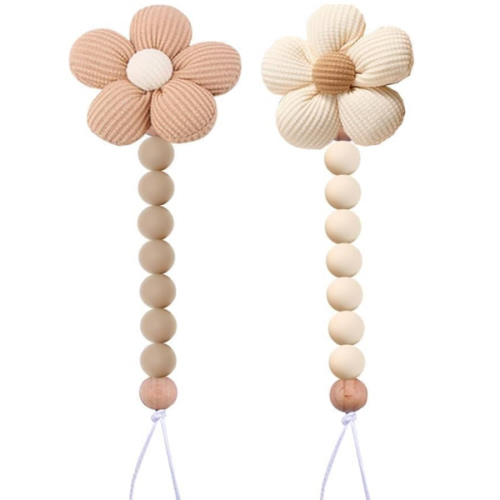 2pcs Flower Pacifier Clip, Silicone Bead Pacifier Clip for Baby Girls and Boys with Beige Brown Color Daisy Birthday Christmas Gift