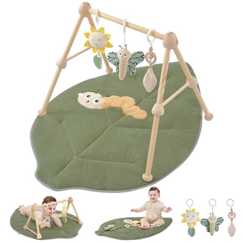COTTONBEBE Wooden Organic Baby Gym Cotton Play Mat, 4-in-1 Super Soft Infant Activity Tummy Time Playmat for 0 to 3 6 9 12 36 Months Babies, Removable Toys for Sensory & Motor Skill Development, Leaf