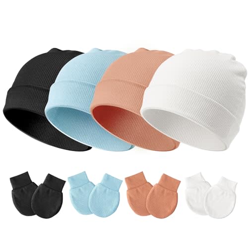 DRESHOW BQUBO Baby Newborn Hats with Scratch Mittens for Unisex Preemie Newborn Hats Hospital Hat for Boys Girls 0-6 Months