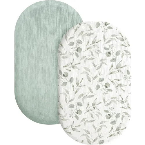 Konssy 2 Pack Muslin Fitted Bassinet Sheets for Baby Girl Boy, Soft Breathable Baby Bassinet Sheets Fit for Baby Bassinets, Cradle, Moses Basket Oval Rectangle Pad/Mattress (Green,Watercolour)