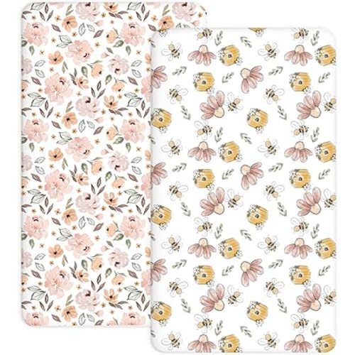 Pack and Play Sheets 2 Pack, Fitted Jersey Knit Mini Crib Sheets for Baby Boys and Girls, Compatible with Graco Pack N Play and Mini Crib Mattress (Pank N Play/Mini Crib Sheets, Blossom & Buzz)