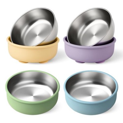 Stainless Steel & Silicone Bowls for Baby - 4-Piece Suction Plates & Bowls for Toddlers,Removable Silicone Shell,Non-Slip Baby Food Bowl with Unbreakable Design (Baby Bowls with Suction)