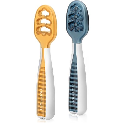 NumNum Baby Spoons Set, Baby Essentials Pre-Spoon GOOtensils for 6+ Months, First Stage Self-Feeding Spoons for Baby Led Weaning (BLW), Silicone Toddler Utensils, BPA-Free, 2 Pack Blue/Orange