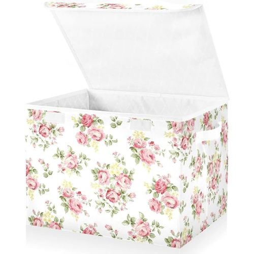 senya Flower Storage Baskets Collapsible Storage Bins with Lids, Pink Rose Flower Floral Storage Boxes Clothes Baskets for Organizing