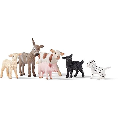 Schleich Farm World 6-Piece Baby Farm Animal Toy Gift Set Including Donkey Foal, Lamb, Calf, Dalmatian Puppy and Goat Kid