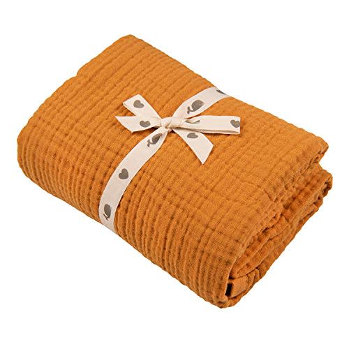 Muslin Blankets, Baby Toddler Quilt, 4 Layers, 100% Cotton Stroller Blanket, Hypoallergenic, Super-Soft, Breathable and Lightweight Swaddle, Nursery & Crib Blanket, Large (47 X 35 inch) (Tangerine)