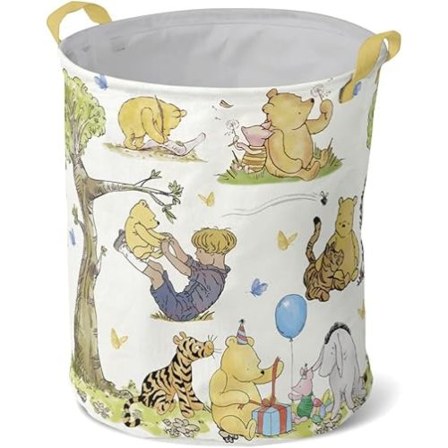 Classic Winnie Nursery Storage Basket Large Barrel Shaped Canvas Laundry Hamper with Waterproof PE Coating Foldable Bathroom and Bedroom Set Clothes Toys Bin (Beige)