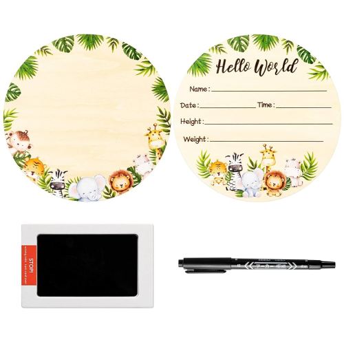 R HORSE Baby Birth Announcement Sign with Marker Pen, Safari Animals Baby Name Sign with Ink Pad for Hand and Footprints, Wooden Hello World Newborn Announcement Nursery Decor Keepsake Gifts