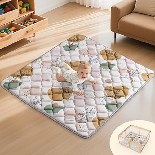 Dessports Boho Baby Play Mat - 47x47 Foldable Machine Washable Thick Sponge Padded Floor Mat - Non Slip Tummy Time Playpen Rug for Indoor Outdoor Room Decor