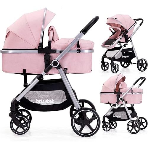 2-in-1 Baby Stroller with Bassinet Mode - Folding Infant Newborn Pram Stroller with Reversible Seat - Toddler Strollers for 0-36 Months Old Babies (Pink)
