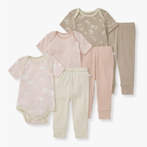 Burt's Bees Baby Unisex Baby 6-Piece Bodysuit and Pant Set, 100% Organic Cotton Infant Outfit Baby Essentials