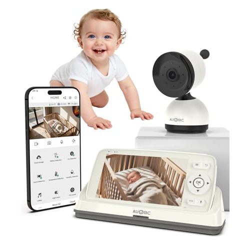 ALIOBC Smart Baby Monitor with Camera and Audio WiFi & No-WiFi Modes AI Cry Detection Night Vision 1080p FHD Camera and 5" Large Screen Two-Way Talk 1000ft Range Smart Alert Easy Setup for New Parents