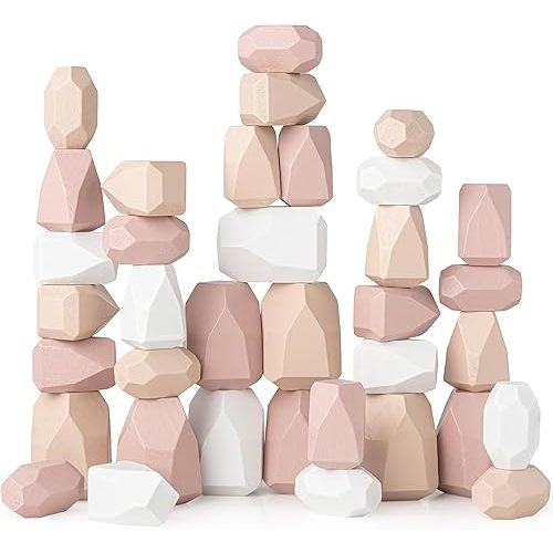 Comfy Cubs Stacking Rocks 36 Pieces, 36 Months+, Educational Toddler Stacking Blocks, Promotes Imagination, Balance & Fine Motor Skills - Wooden Rocks Sensory Toys Gift for Kid, Girl Pack