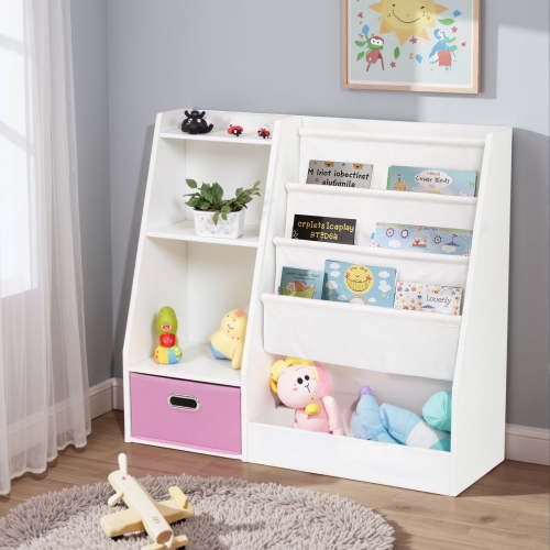 Betcozy 4 Tier Teenager Bookshelf, Teenager Bookcase Youngster Bookshelves Natural Toy Storage Organizer with 4 Layer Sling Bookcase for Playroom Teenager Room