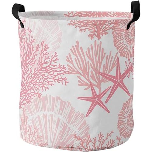 Pink Coral Large Laundry Basket, Waterproof Laundry Hamper for Baby Clothes, Coastal Seaside Nautical Starfish Foldable Laundry Baskets with Handles, 13.8''x17''