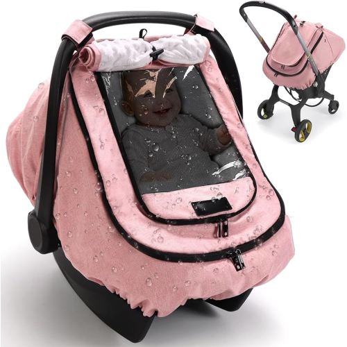 TinlyFinly Waterproof Car Seat Cover for Baby, 2-Layer Car Seat Rain Cover with Clear Window & Sunshade & Mesh Cover, Universal Infant Carseat Canopy for Stroller, Protect from Rain and Snow - Pink