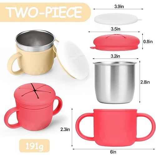 Mity Rain 2-Pack Stainless Steel Snack Containers, 4-in-1 Spill Proof Snack Cups with Silicone Lid and Handle, Dishwasher Safe Travel Snack Containers for Kids and Infants (Red + Ivory Yellow)