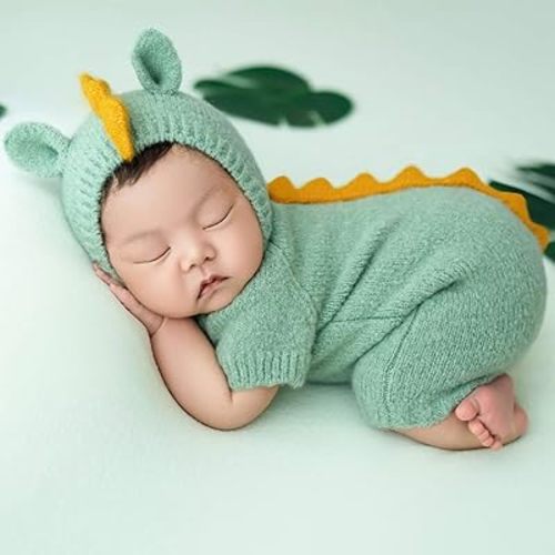 Newborn Photography Props Dinosaurs Style Photo Posing Costume Outfits,(Fits for 0-20 Days Baby) Crochet Knitted Romper and Hat, Newborn Photography Bodysuit for Posing (Green)