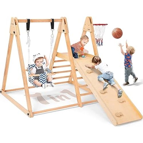 7 in 1 Indoor Jungle Gym for Kids, Foldable Toddler Indoor Playground with Slide, Beechwood & Baby Swing, Climbing Wall & Ladder, Wooden Climbing Toys Playset Gifts for Kids (Wood Color)