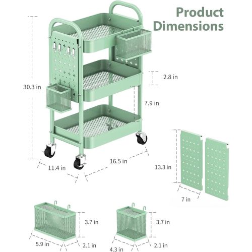 ALVOROG 3 Tier Rolling Cart with DIY Pegboards Metal Utility Cart with Wheels Handles Baskets Hooks, Storage Cart for Office Kitchen Bathroom(Green)